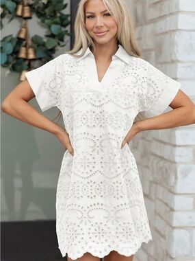 Eyelet Collared Mini Dress in White